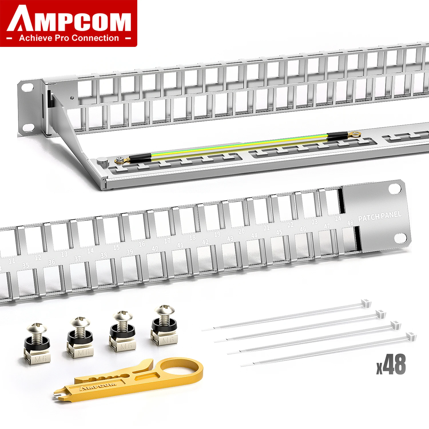 AMPCOM Blank Keystone Patch Panel 1U 48-Port, STP UTP Rack Mount w/ Rear Cable Management Bar for CAT5E CAT6 CAT6A CAT7 CAT8