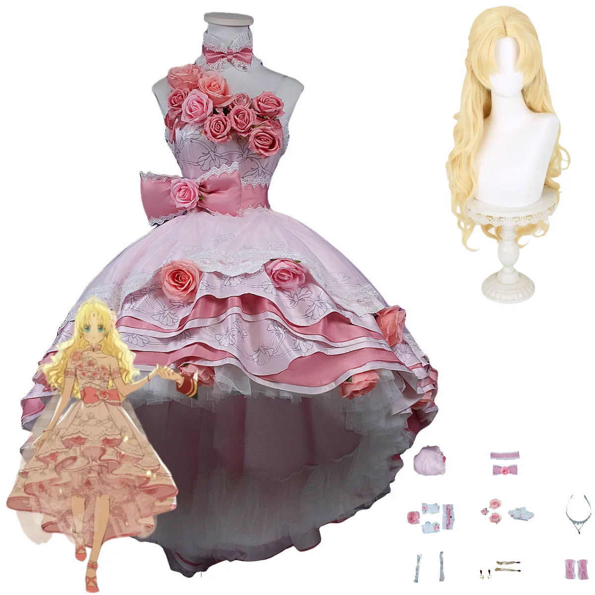 Image of Anime Who Made Me A Princess Siya Cosplay-Kostüm - Eines Tages Prinzessin Werden - Rosa Abendkleid, Perücke, Niedliches Party-Set für Frauen