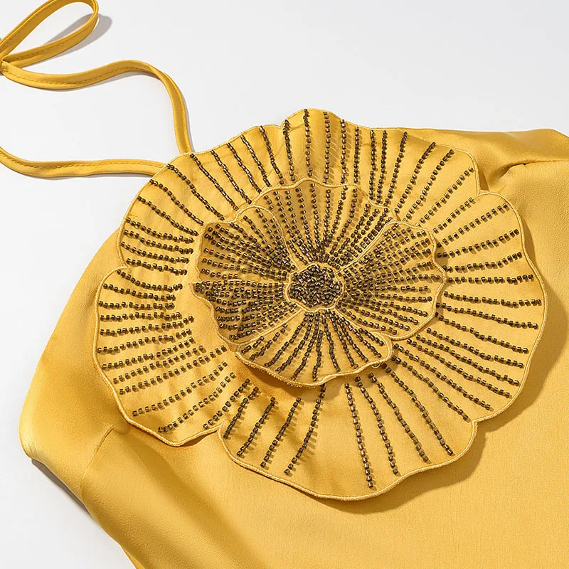 エレガントな気質ハイウエストAラインドレスセクシーな吊りネックホローサテンロングドレス花柄パッチワークバックレスレディースドレス