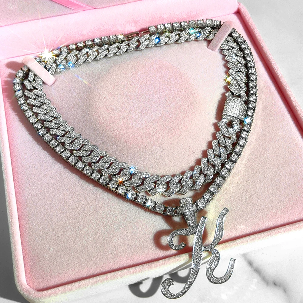 Iced Out Prong Cuban Chain Choker Necklace Bling Crystal Cursive Initial Tennis Chain Letters Pendant Necklaces Birthday Jewelry