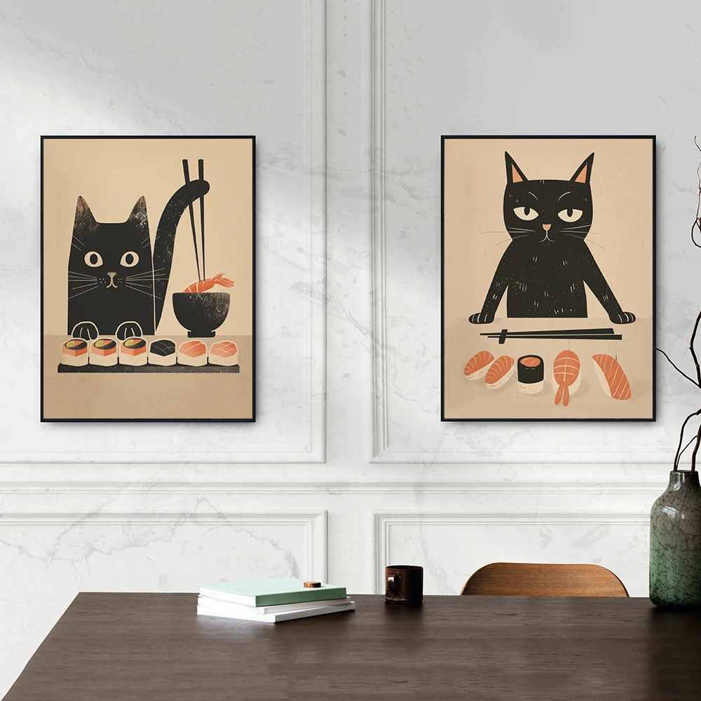 Retro Cute Animals Food Japanese Sushi Chef Black Cat Tokyo Prints and Posters Wall Art Pictures for Room Kitchen Bar Home Decor - Image 3