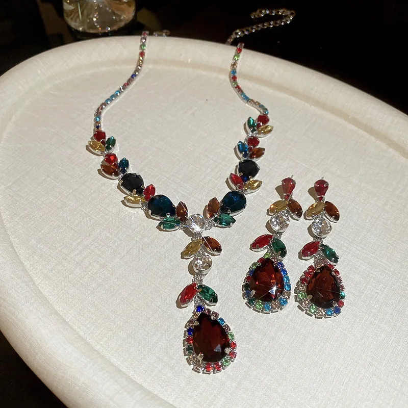 DREJEW Luxury Jewelry Set for Women Silver Needle Colored Zircon Leaf Earrings  Necklace Vintage Exquisite Wedding Gits