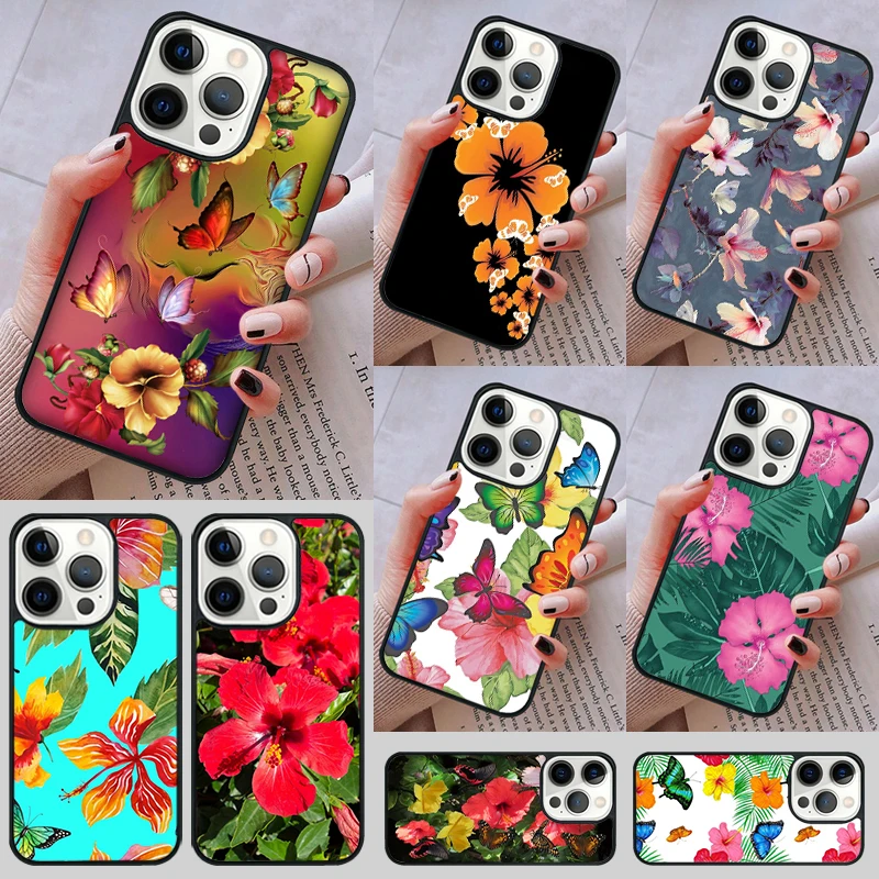 Butterflies Hibiscus Flowers Phone Case cover For iPhone 14 13 15 16 Pro Max Coque 12 11 Pro Max For Apple 8 PLUS 7 6S XS