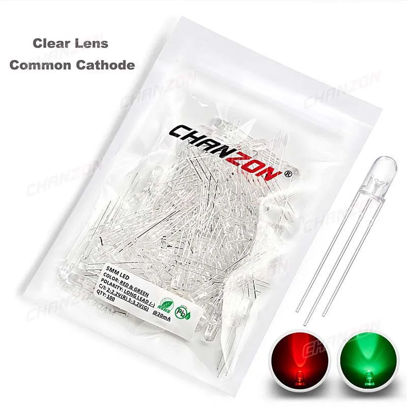 100pcs 5mm LED Light Emitting Diode Lamp Bulb Bicolor Red Green Common Anode Cathode Transparent Diffused Micro Indicator 3V