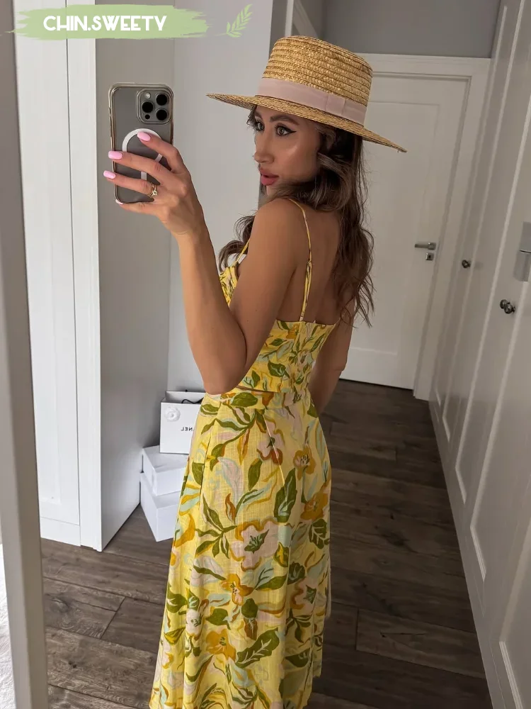 

Bohemian Printed Long Skirt Set Women Casual Sleeveless Camisole Pleated Bottom Two-piece Suit 2025 New Summer Holiday Lady Wear