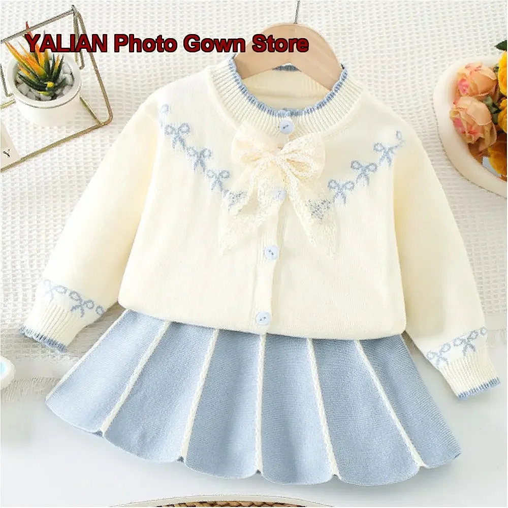 Girls Two-Piece Set Baby Girl Autumn Winter Knit Dress Sweet Princess Style Polka Dot Bow Kids