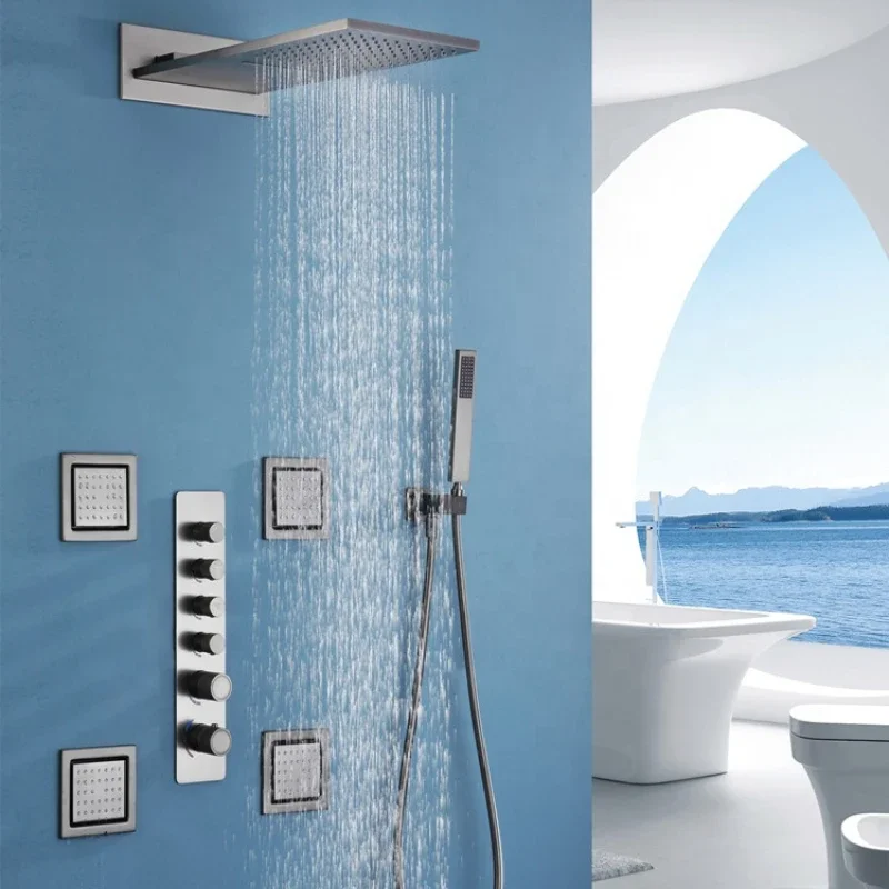 wholesale High level Luxury Water Power Shower Head Rainfall Thermostatic 4 Massage Jets Spar shower set faucet bathroom