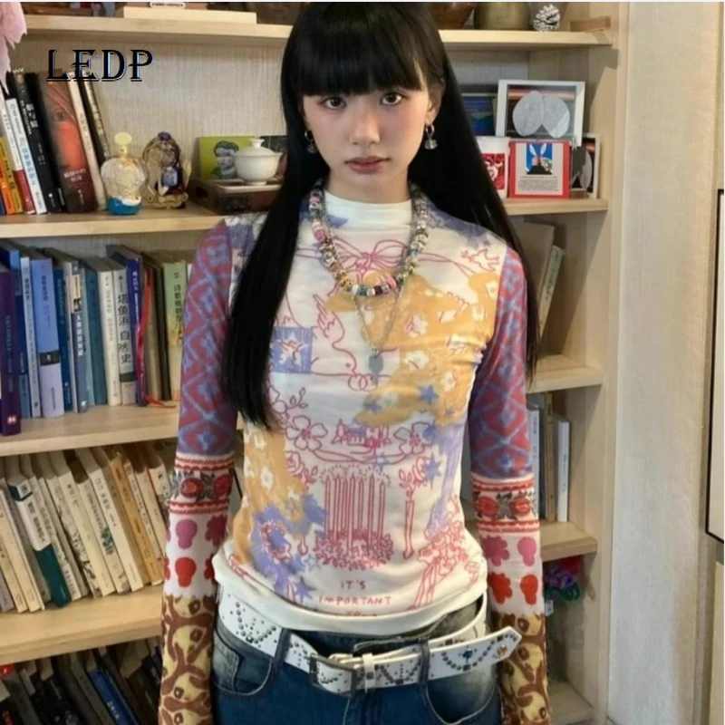 

Spring Autumn Retro Women's Top Graffiti Print Splicing Long-sleeved Bottoming Shirt Y2k Hot Girl Semi-turtleneck T-shirt Ladies