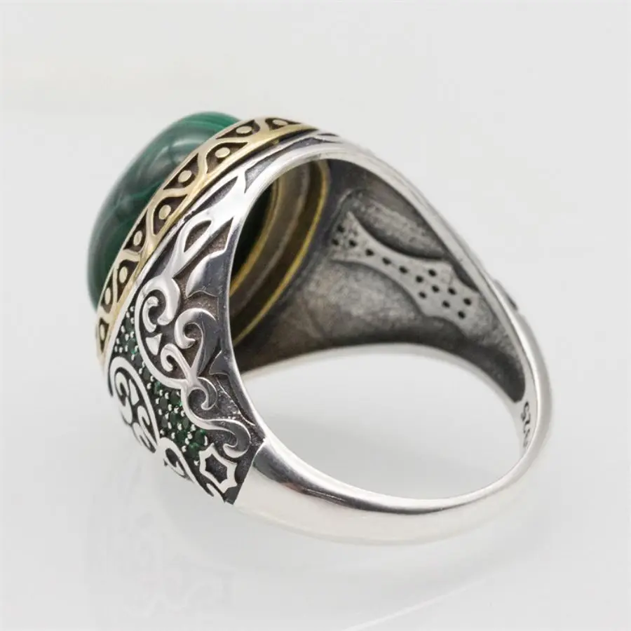 Wholesale Real 925 Sterling Silver Turkish Ottoman Rings Wedding Fashion Natural Malachite Stone Handmade Vintage Ring