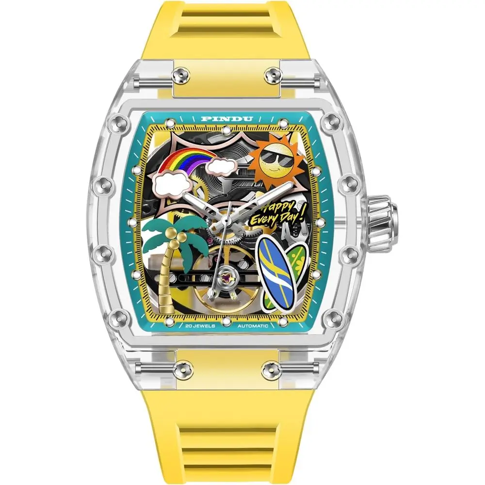 

Мужские автоматические часы PINDU, механические, водонепроницаемые до 50 м, в уникальном пляжном стиле Teau Refreshing Beach, с открытым механизмом (скелетон)