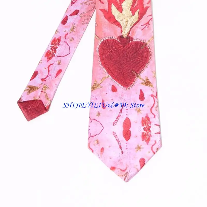 E21F Bold Red Heart Patterned Dress Tie Perfect For Cosplay And Street Photo Props