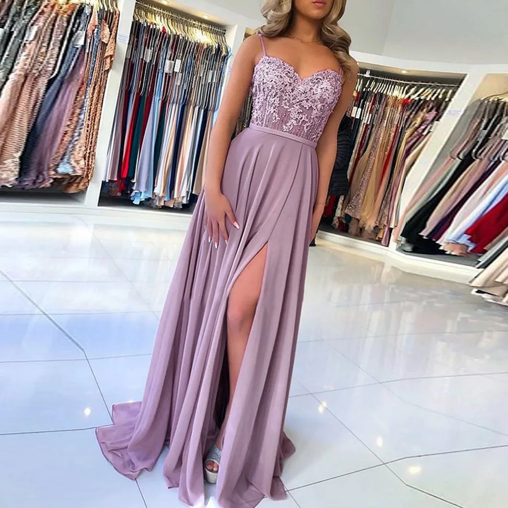 

Summer Fashion Women's Long Skirts Solid Color Sexy Lace Long Dress V Neck Sleeveless Suspenders Side Slit Ladies Dresses