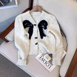 Sweet V-neck Bow Knitting Cardigan Women Clothes Autumn Winter Korean Buttons Long Sleeve Sweater Coat Female All-match Top Tee