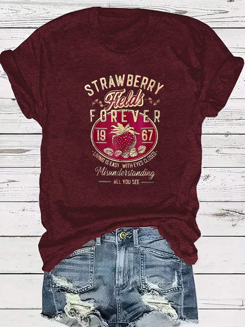 Harajuku Strawberry Fields Forever Letter Print Women T Shirt Short Sleeve Crew Neck Summer Casual Top for Women Clothes Shirts