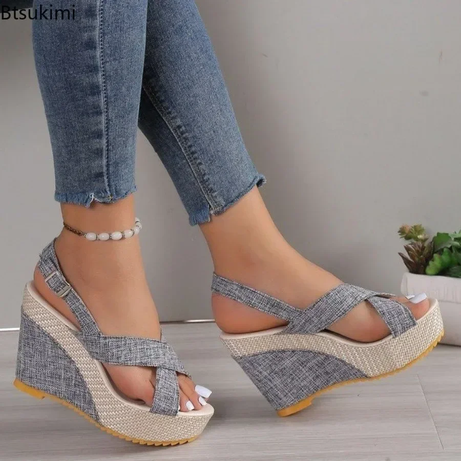 2025 Women's Summer Denim Platform Wedge Sandals Fashion Open Toe Buckle Ankle Strap Sandals Simply Female Casual Sandals Shoes