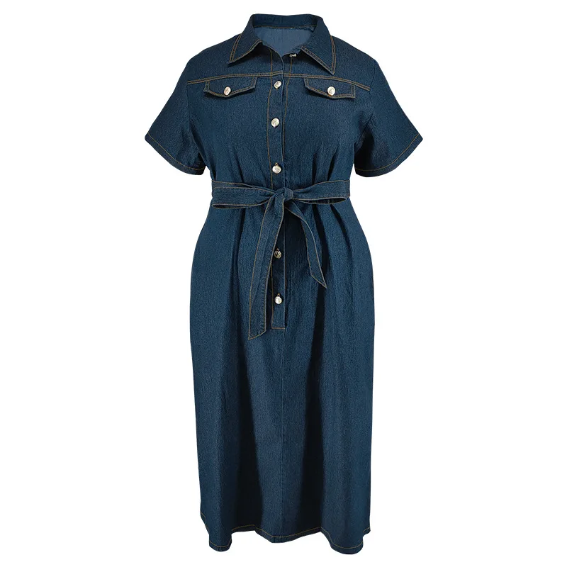 2024 Summer Turn-down Collar Plus Size Shirt Denim Dress Women Short Sleeve Large Midi Jean Dress Lady Button Lace-up Long Dress