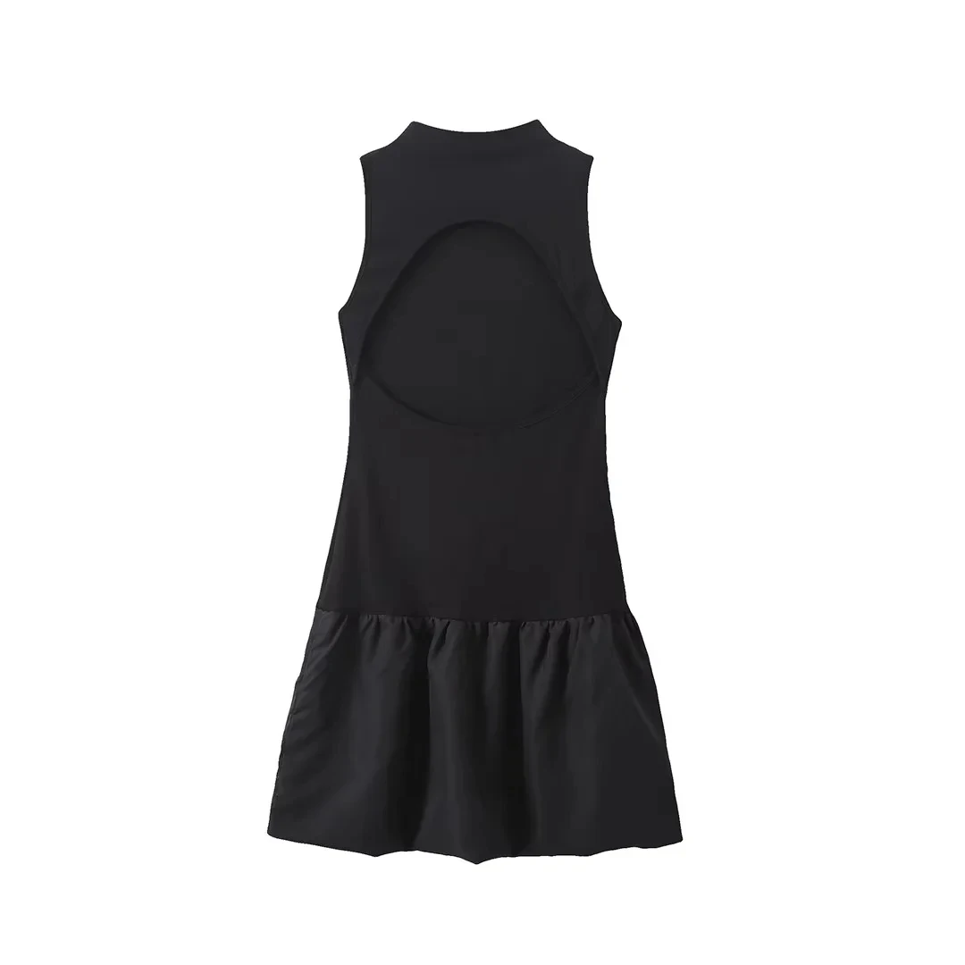 TRAF 2024 Sleeveless Tank Black Dresses Women Cut Out Backless Mini Dress Woman High Neck Pleated Short Dresses For Women