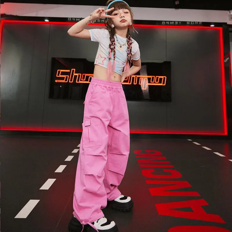 Hip Hop Girls Teenage Cargo Pants Crop Top Child Streetwear Cheerleader Solid Joggers Kids Jazz Street Dance Stage Clothes Sets