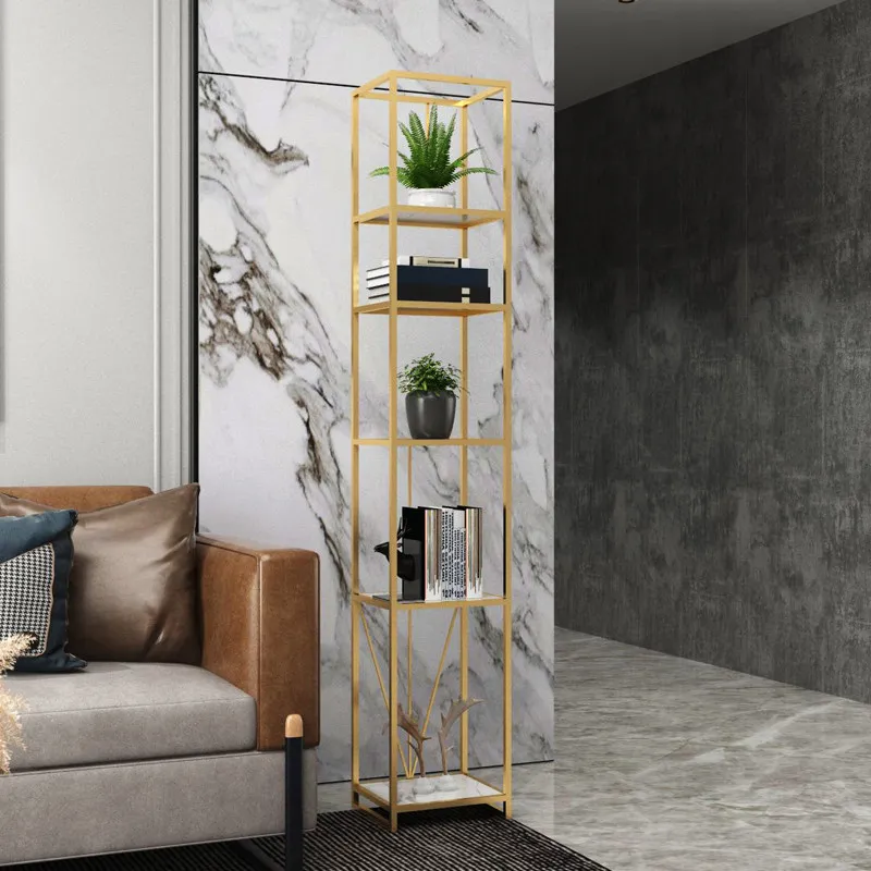 Golden wrought iron light luxury bookshelf, storage rack, floor-standing living room gap shelf, partition bedroom, bedside gap