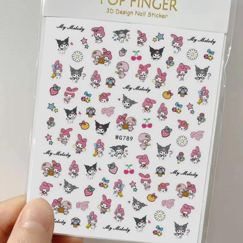 Sanrio New 3D Cartoon Kuromi Nail Stickers Cute Hello Kitty Stickers For Nails Anime Melody Nail Art Decoration Press On Sticker