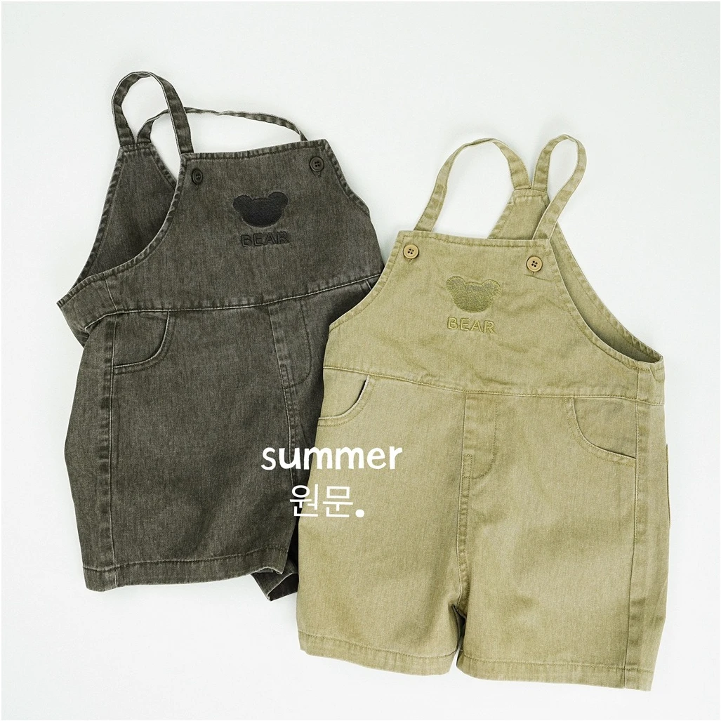 Children's Pants 2025 Summer New Korean Boys and Girls Bear Embroidered Suspenders Shorts Cowboy Overalls