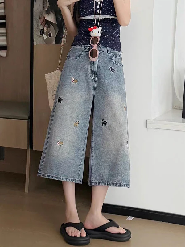 Retro Dog Embroidery Wide Leg Seven-Foot Jeans Women Summer New Loose Pear Shape Slim Straight Mid-Pants Casual High Waist