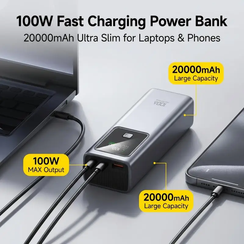 20000mAh 100W PD Fast Charging Digital Display Portable External Battery Power Bank for Notebook Laptop