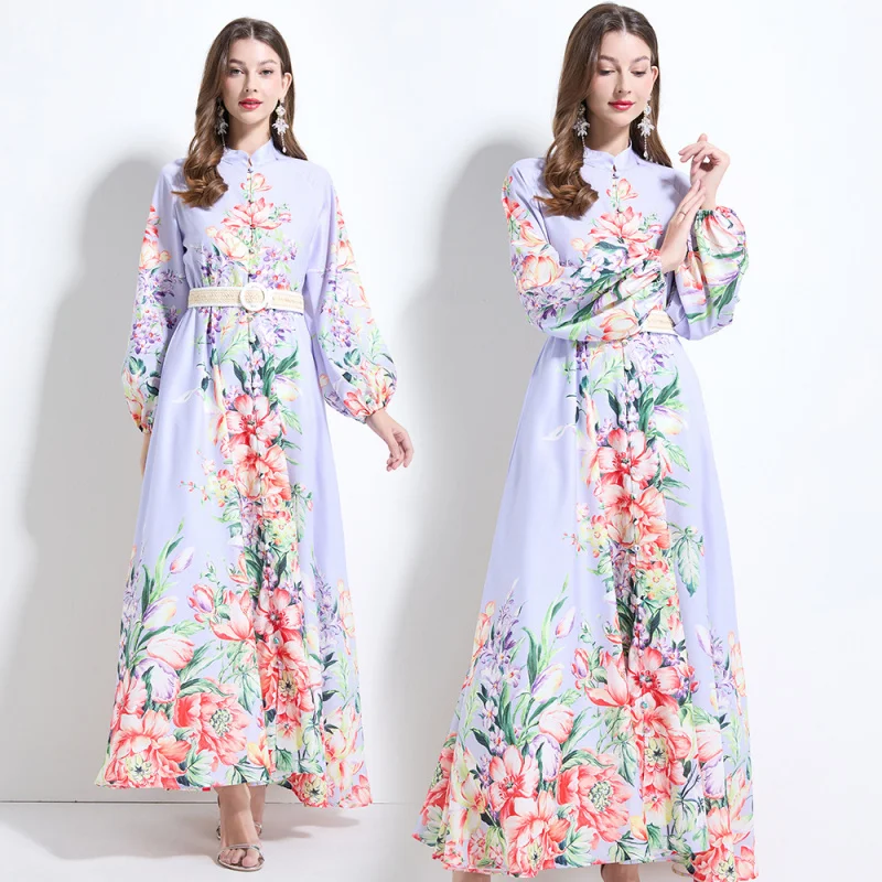 2025 Vacation Style Watercolor Floral Linen Print Lantern Sleeve Waist-Defining Full Skirt Ruffled Dress A001