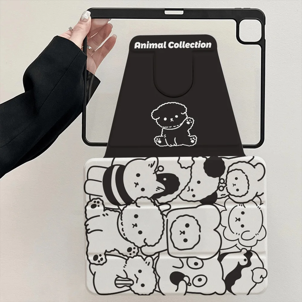 360 °   Housse de tablette rotative à trois volets pour Samsung Galaxy Tab S9 S10 FE A9 A11 S7 S8 Plus, collection animaux peints noir et blanc