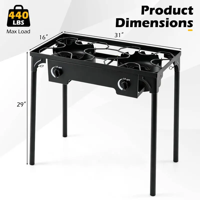 2 Burner Propane Stove 160000 BTU with Adjustable Regulator & Hose for Camping BBQ-Black
