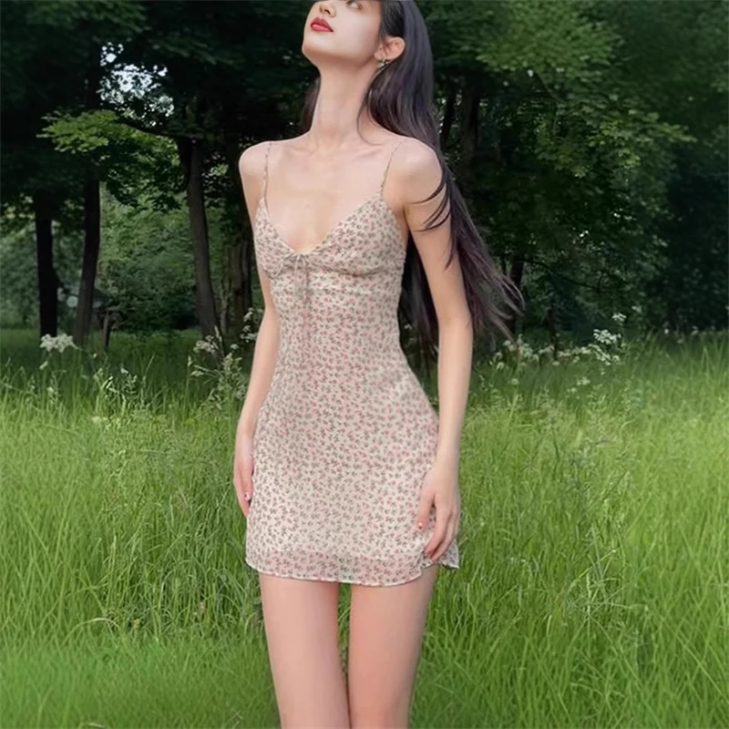 Retro-Blumendruck, schmale Passform, rückenfrei, V-Ausschnitt, durchsichtiges Netz, Spaghettiträger, Sommerkleid, eleganter Stil, sexy Damen, lässig, Party