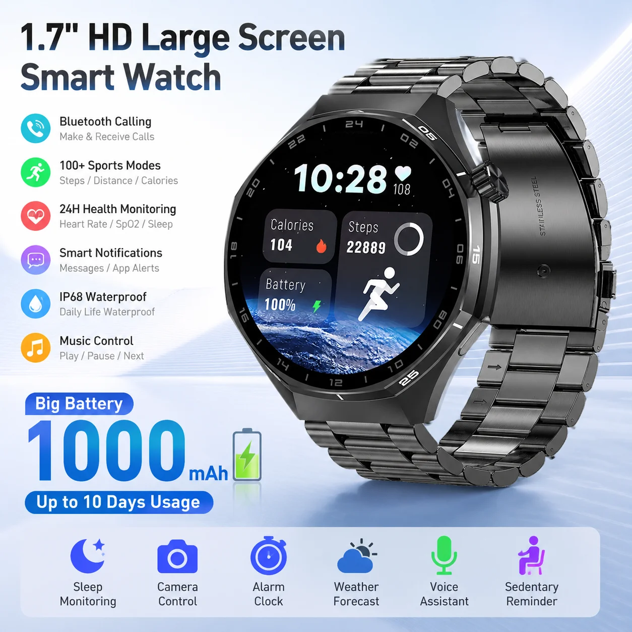 LIGE Fashion 1000mAh Großer Akku Smartwatch für Herren Echtzeit-Gesundheitsmonitor IP68 Wasserdicht Sport Bluetooth-Anruf Herren Smartwatch