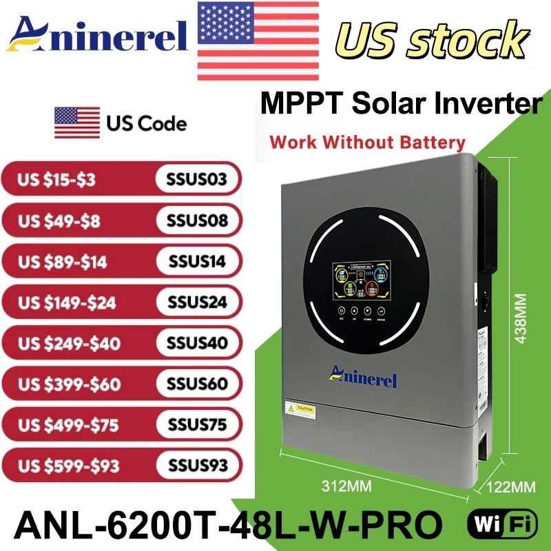 

Aninerel 6.2KW 48V Hybrid Solar Inverter 220V Pure Sine Wave Inverter Off/on grid builtin MPPT 120A Solar Charge Controller WiFi