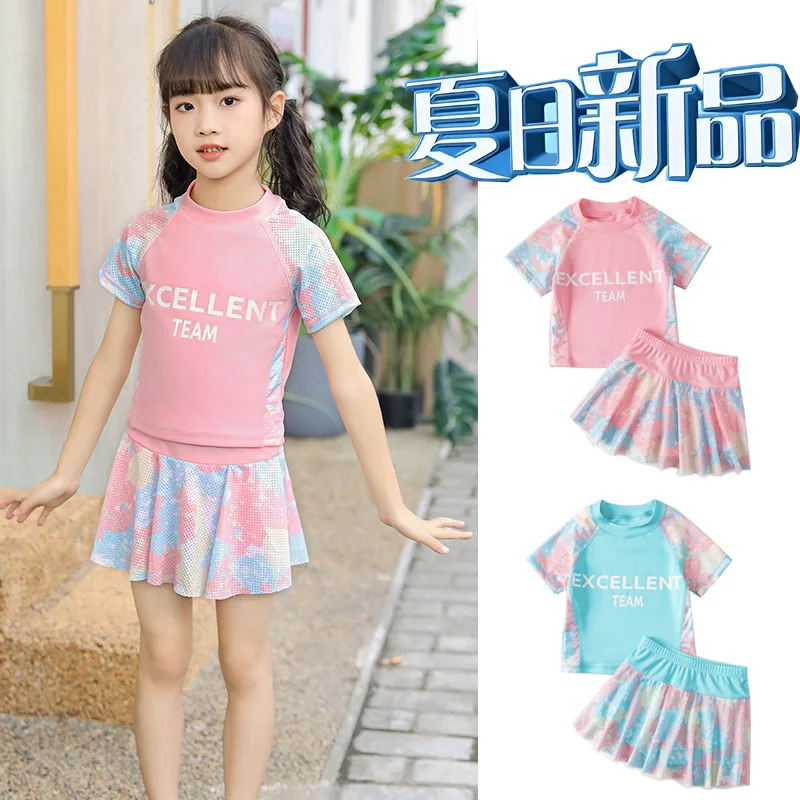 

Girls Swimwear Two-Pieces Suits Summer Beach Clothes Letters Patchwork Colors Kids Short-sleeve Swimsuit For Girl Pink, Blue
