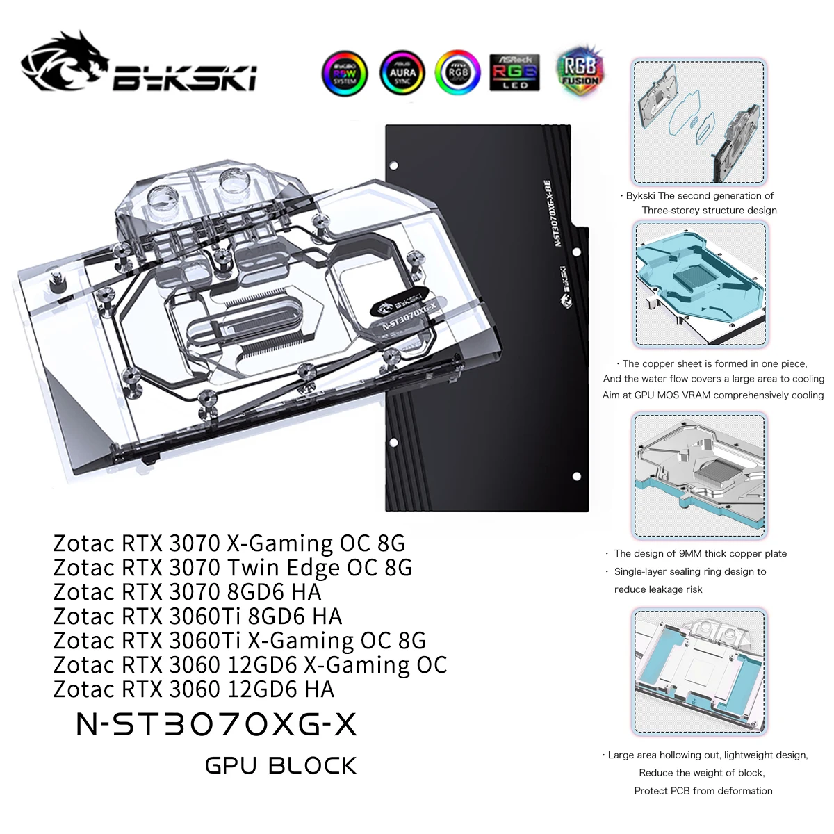 Bykski GPU Water Block For ZOTAC Geforce RTX 3070 X GAMING OC 8G/Twin Edge  ,With Back Plate Watercooler,N-ST3070XG-X