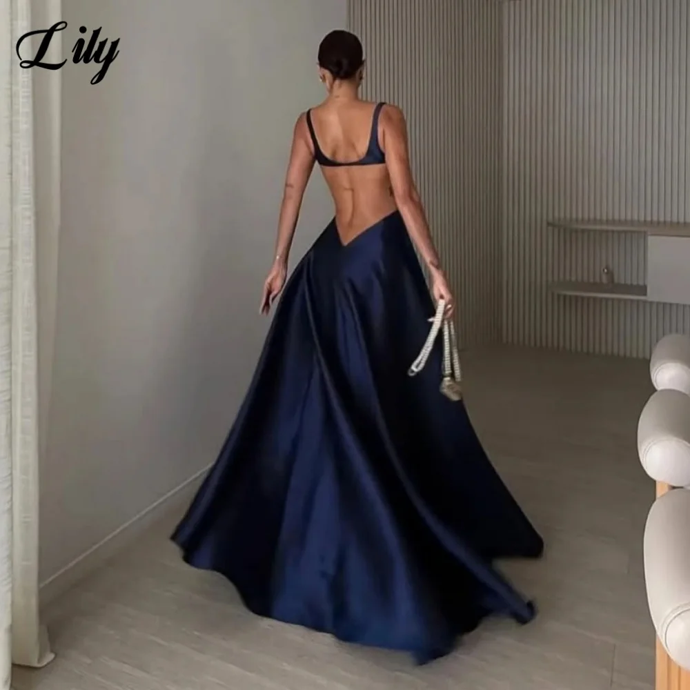Lily – robe de bal dos nu en Satin bleu marine, bretelles Spaghetti, ligne a plissée, robe de soirée personnalisée