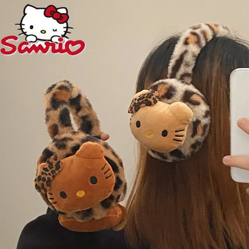 

Kawaii Spice Girl Leopard Print Hello Kitty Plush Earmuffs Winter Cartoon Warm Riding Antifreeze Windproof Ear Warm Holiday Gift