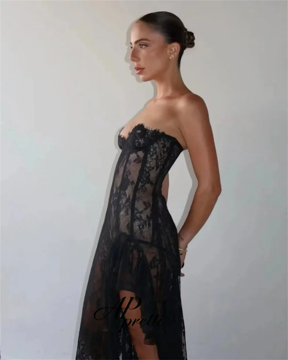 AP pretti Gorgeous Black Strapless Lace Evening Gown Dress Side High Slit Asymmetrical Hem Party Dress Customized Prom Gown