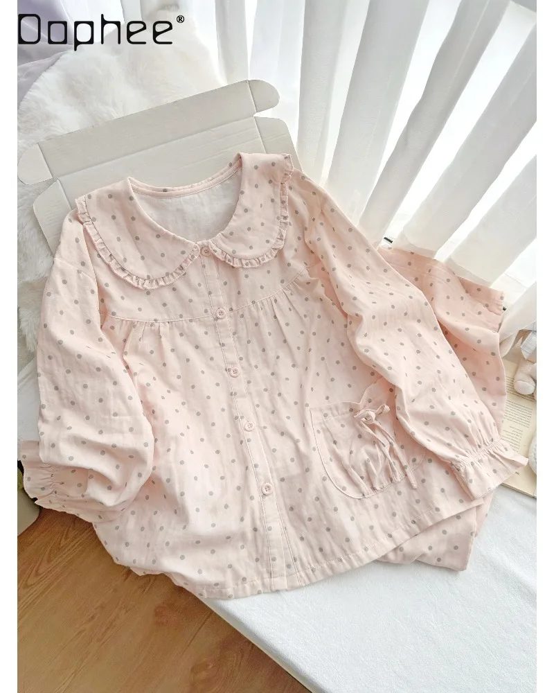 Korean-style teenage girl-style pajama doll with round neck frilled ears polka dots long sleeves long pants for women's homewear