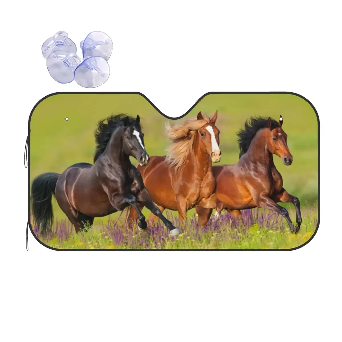 Horse Running Flower Meadow Sunshade Windscreen Galloping Animal Lovers Funny Cover Front Block Window 70x130cm Sunshade Visor