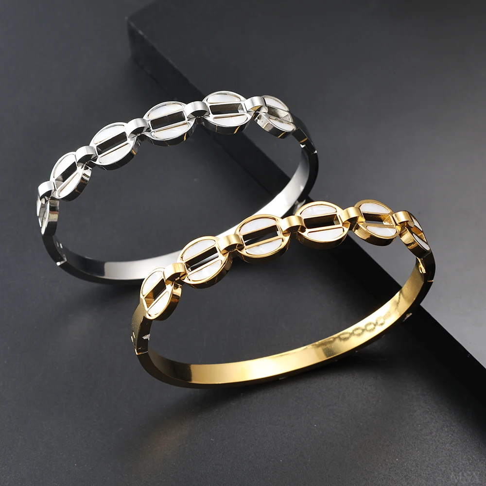 

JOVO LOVE Open Beans White Shell Cuff Bracelets Stainless Steel Metal Hollow Geometric Oval Bangles for Women Fashion Jewelry