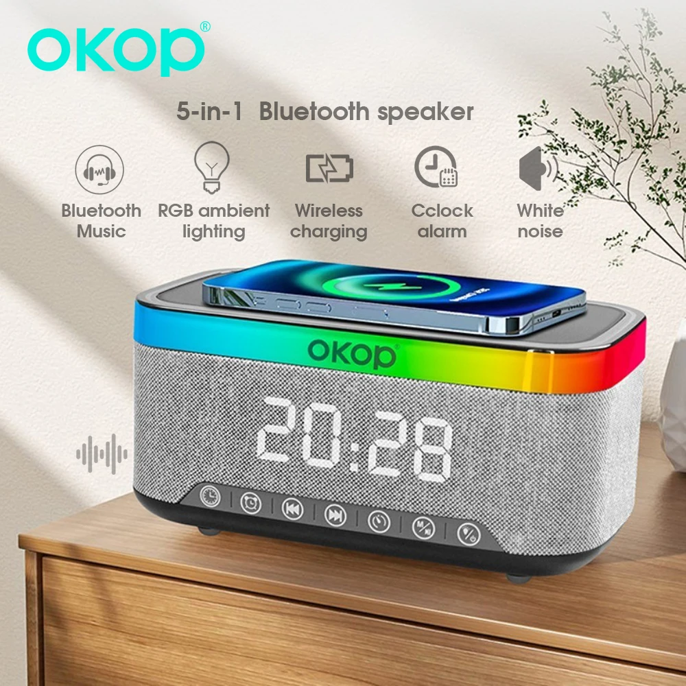 

OKOP Bluetooth Speaker, Wireless Charging Clock Alarm Clock RGB Ambient Light White Noise Desktop Speaker Bluetooth-колонка