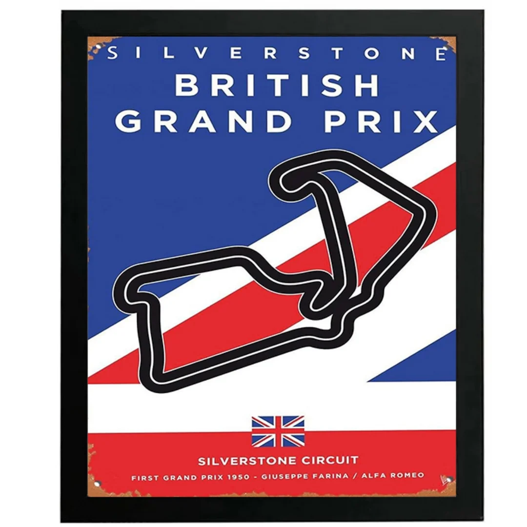 Pôster minimalista do circuito de Silverstone de F1 de 1950, Circuito do Grande Prêmio Britânico, Primeiro Grande Prêmio de 1950 – Giuseppe Farina / Alfa Romeo