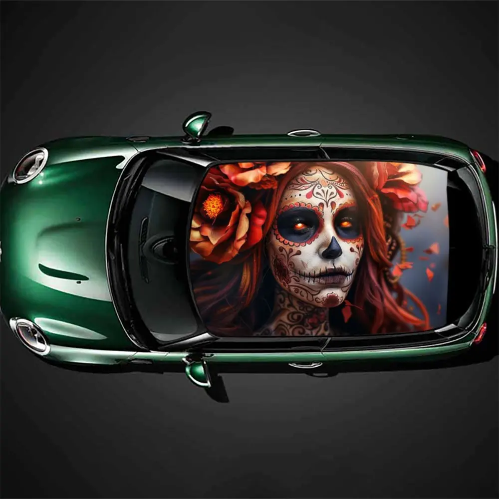 Candy Sugar Skull Woman Car Roof Sticker Wrap Racing SUV Auto Accessories Packaging PVC Car Hood Graphic Decal Decoration Gift