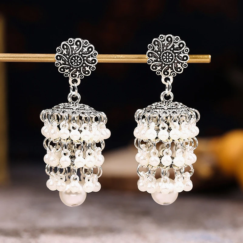 Vintage Layered Pearl Drop Earring For Women Handmade Hanging Pearl Bead Tassel Dangle Earrings Ethnic Wedding Indian Jewelry