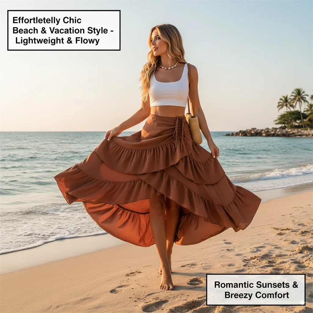 

Женская летняя юбка-миди с высокой талией и рюшами, многоуровневая волана, трапециевидной формы, сплошной цвет, асимметричный подол, повседневная милая модная одежда 2025