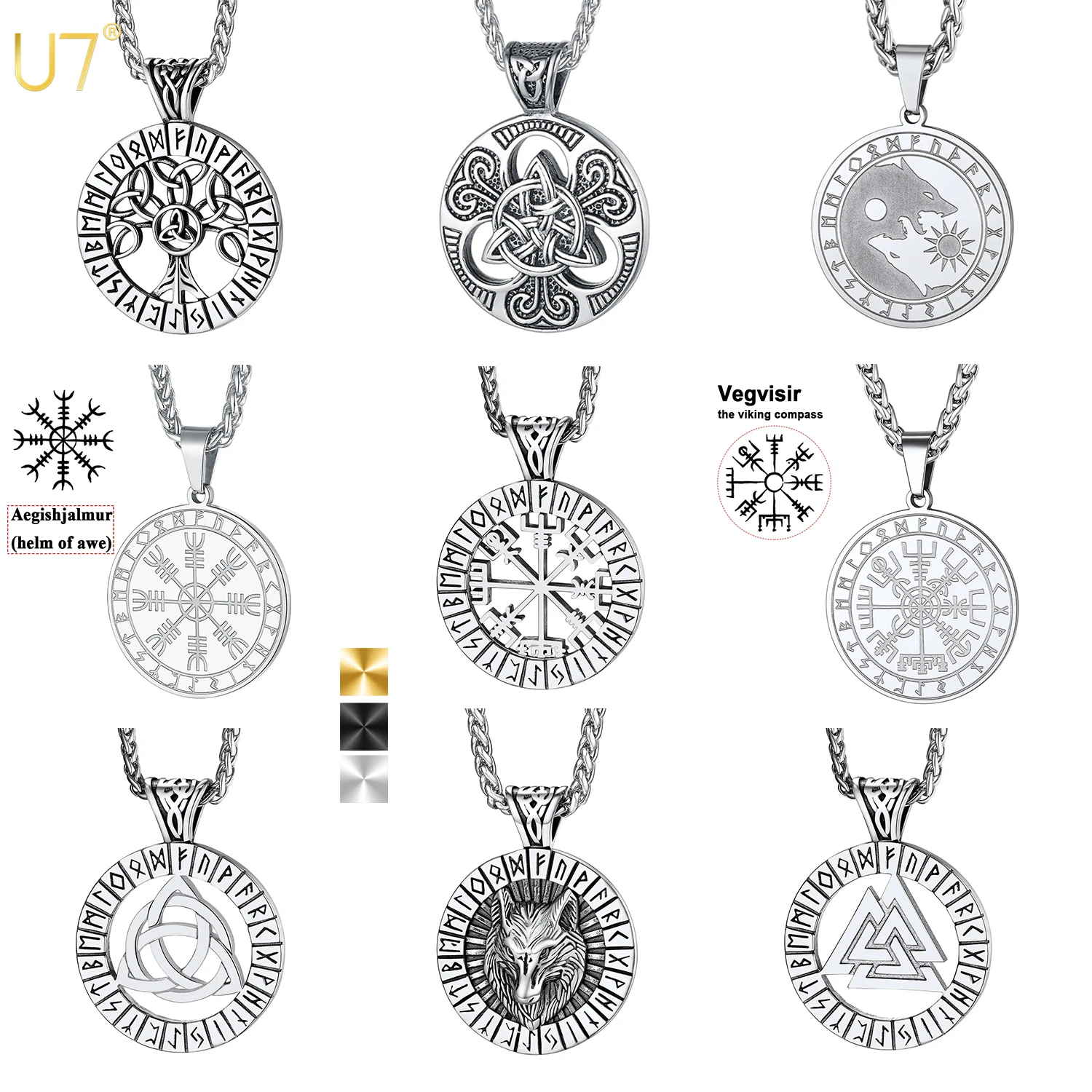 U7 Nordic Viking Round Pendant Necklaces for Man Norse Mythology 316L Stainless Steel Jewelry Gift for Him