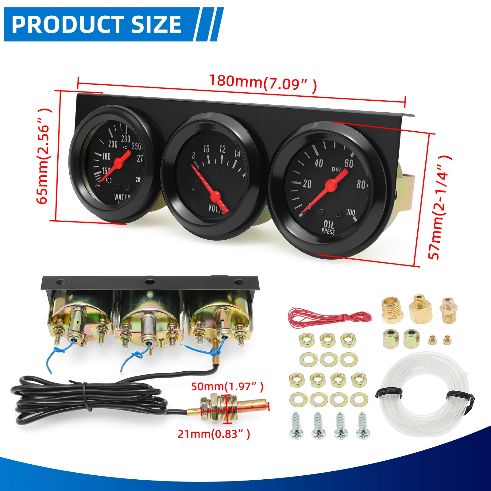 3 in 1 Car Meter Kit 52mm Voltmeter Water Temp Oil Press Black Chrome Bezel Triple Gauge Set Instrument For Car Marine Trucks