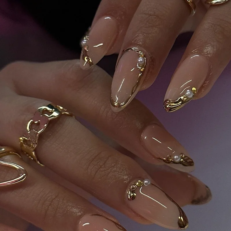 24 Uds. De uñas postizas en polvo brillante, juegos de uñas cortas francesas doradas, prensa en almendra, punta de uñas postizas terminada, manicura Starlight reutilizable