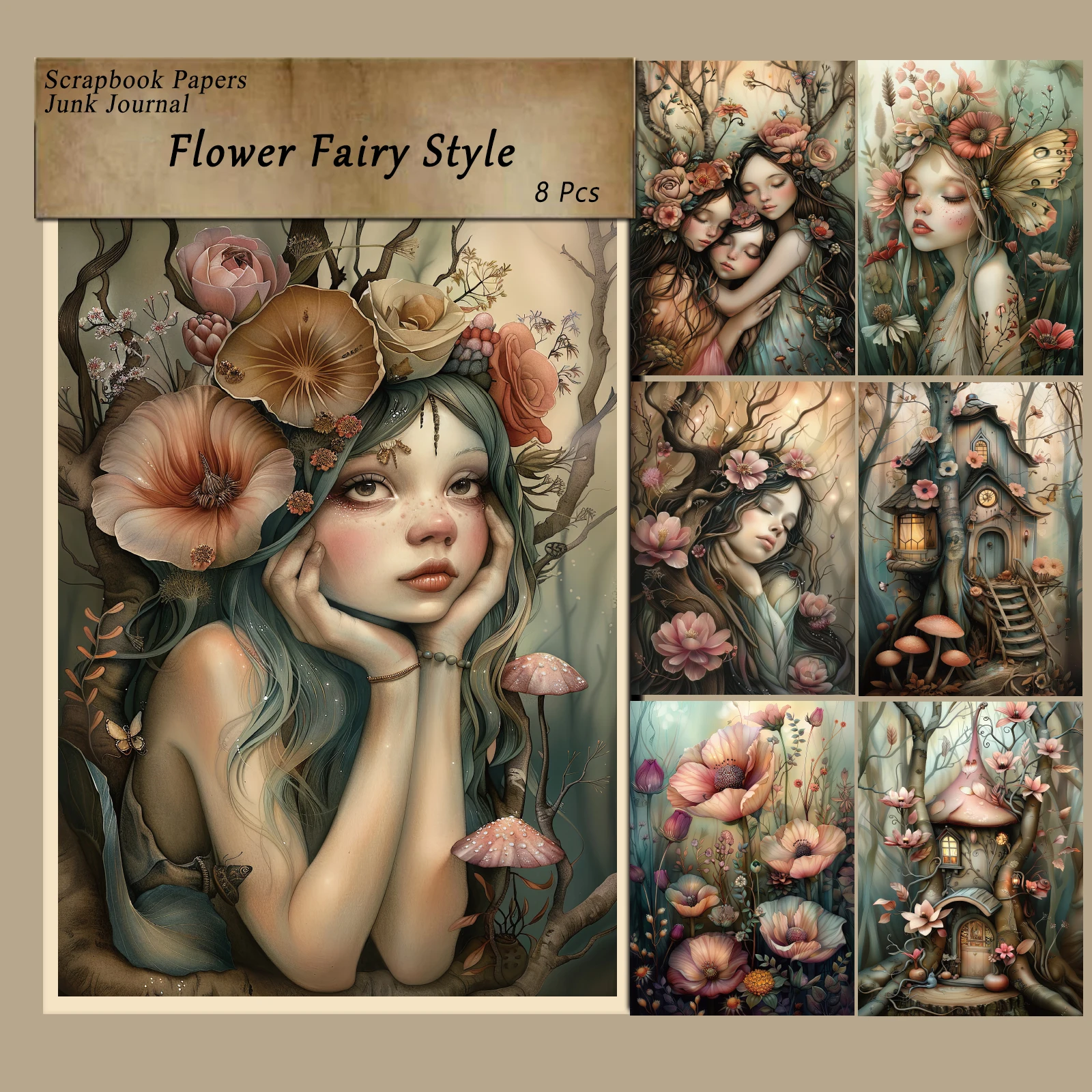 8 hojas de papel para álbum de recortes con tema de Hada y flores, suministros de álbum de recortes de estilo Vintage para manualidades, papel, diario, fabricación de tarjetas